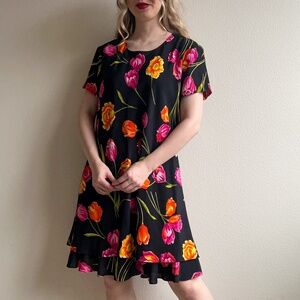 Vintage 1990s Black Dress With Vibrant Tulip Print (L/XL)